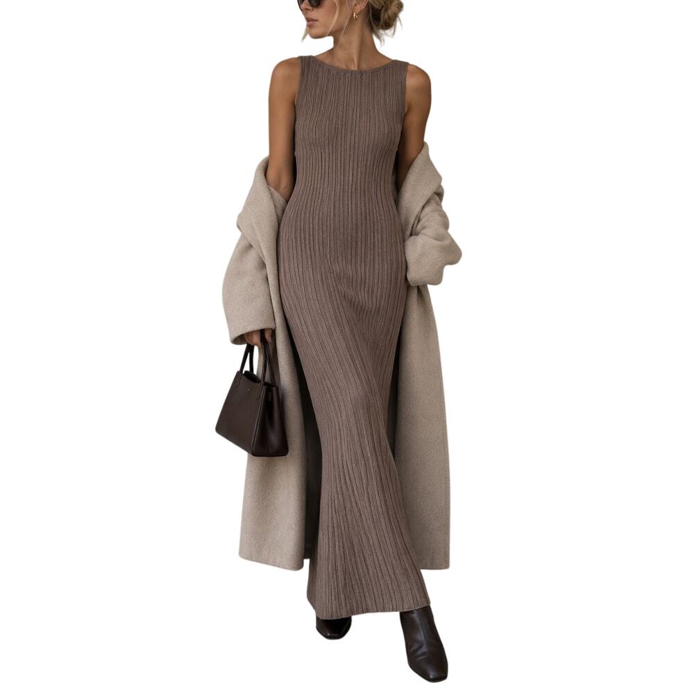 Abercrombie & Fitch Sleeveless Ribbed Knit Maxi Dress M Tan Minimal Old Money